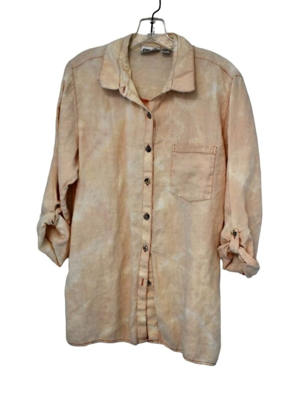 Women's Chico's Light Peach Linen Roll Tab Sleeve Top Custom Bleach Dye Size M